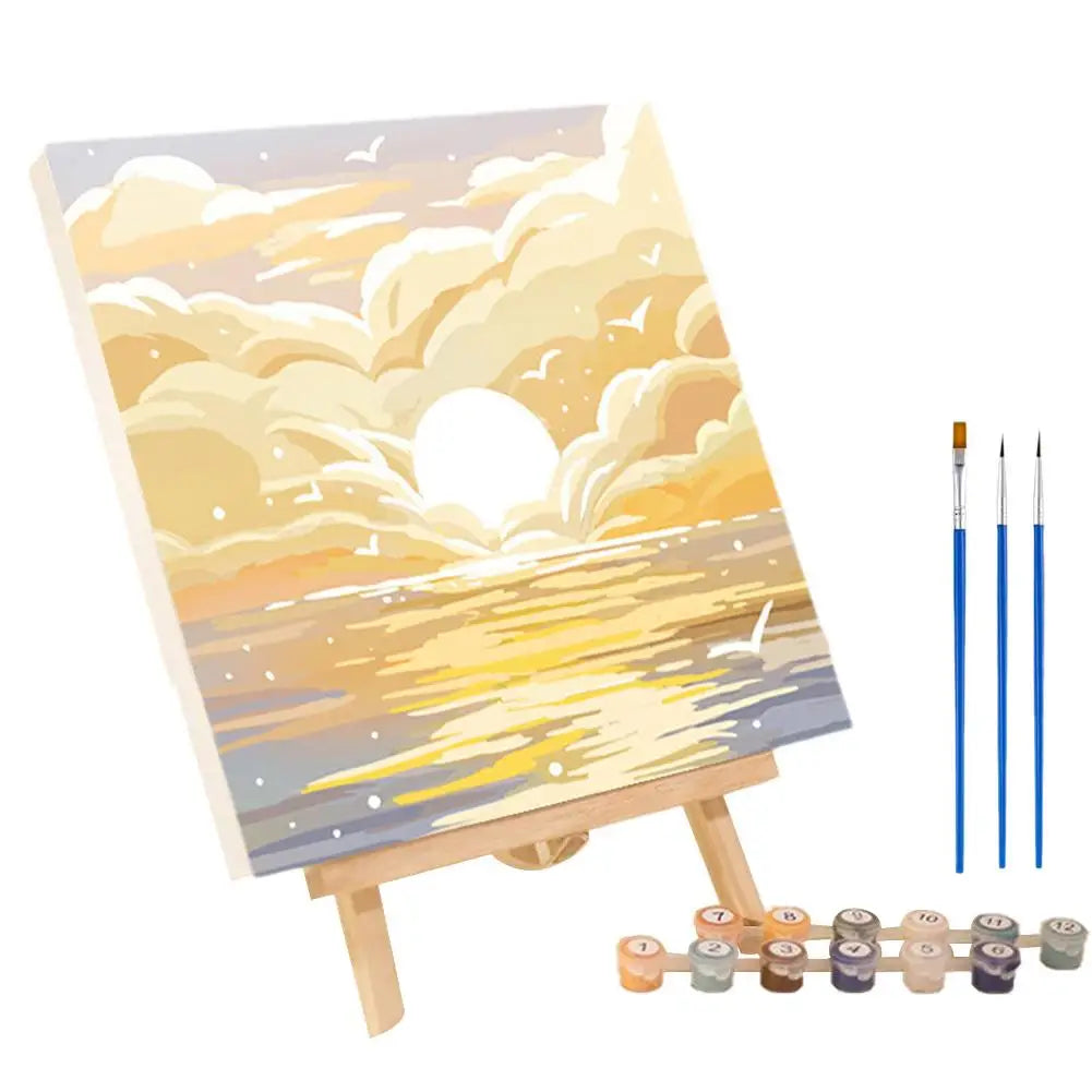 Malen nach Zahlen Kit Landschaft Abstrakter Sonnenuntergang mit Acrylfarbe