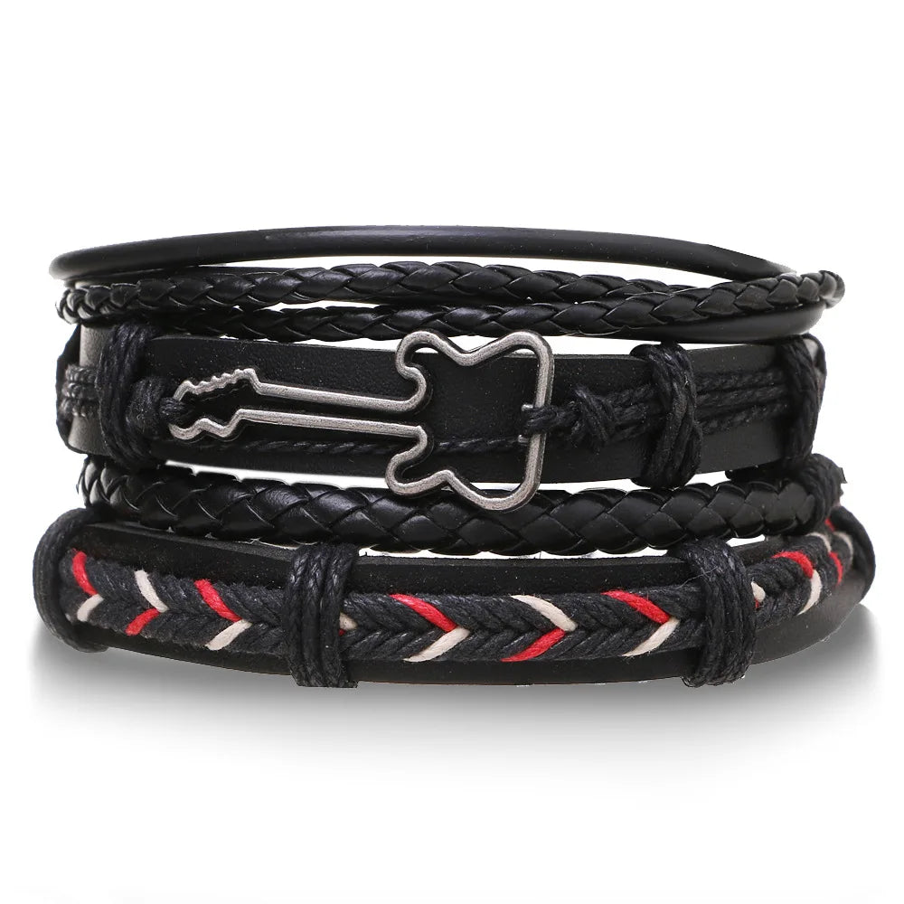 4-teiliges Herren-Lederarmband-Set mit Vintage Lebensbaum - Holzperlen