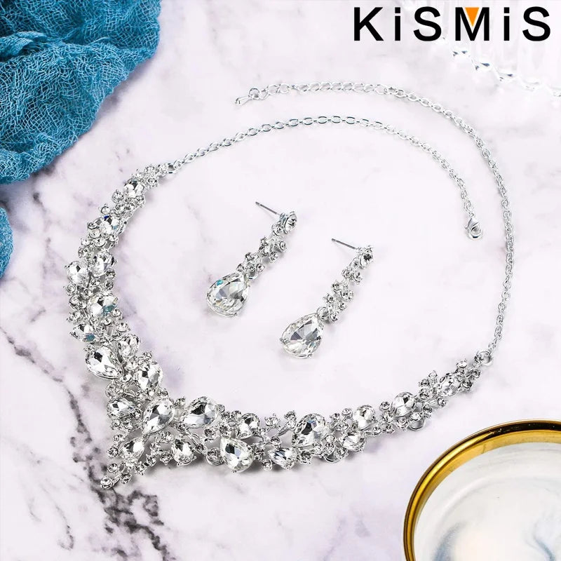 Elegantes Braut Schmuckset mit Kristall Strass Halskette und Ohrringen Tropfenform-Yabubest - Home & More