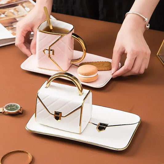 Kreative Keramik Kaffeetasse in Handtaschenform mit Untertasse - Löffel Set