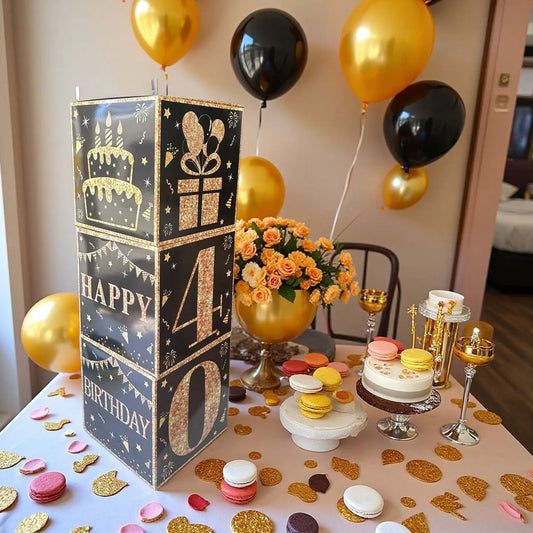 Elegante Schwarz Gold Papierbox mit Zahlen für Geburtstagsfeiern