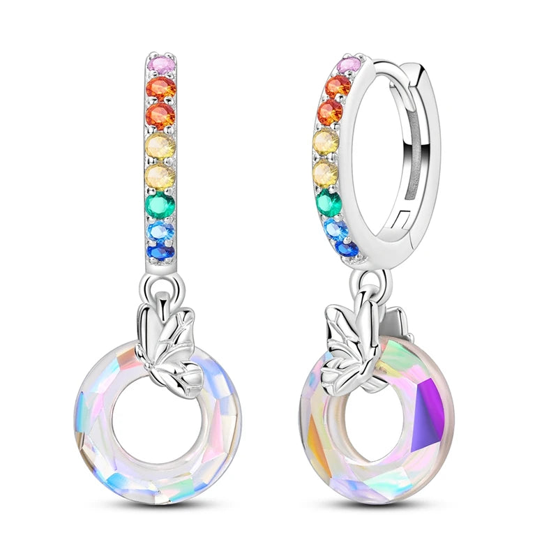 925er Sterlingsilber Creolen mit bunten Zirkon Blumen und Sternen Damenohrringe