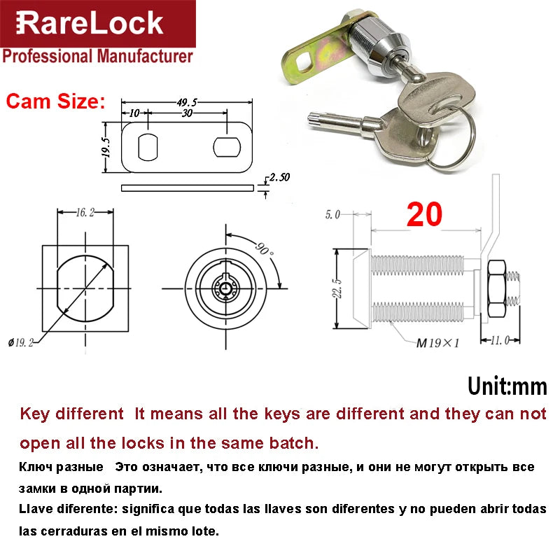 Sicheres Nockenschloss für Schränke und Geldkassen mit 2 Schlüsseln
