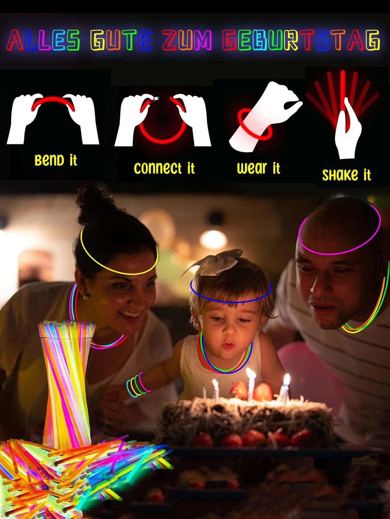 Bunte Leuchtstäbe für Armbänder Halsketten und Partys 100 Stück