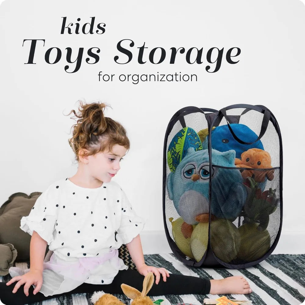 Großer zusammenklappbarer Wäschekorb aus atmungsaktivem Netzstoff mit Seitentasche