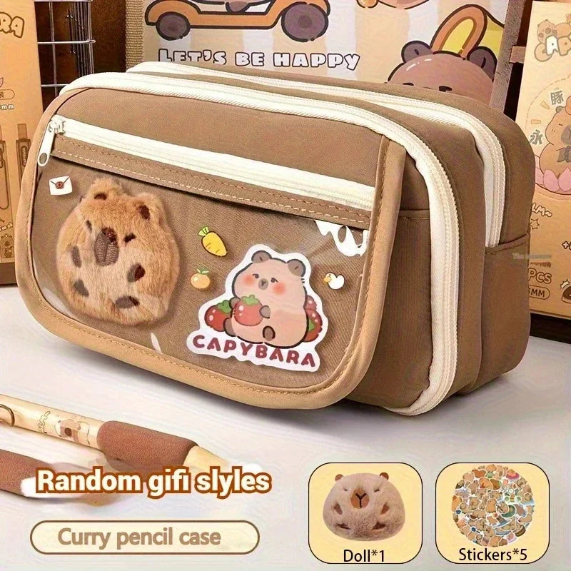 7-teiliges mehrlagiges Federmäppchen-Set mit süßem Capybara-Motiv für Schule