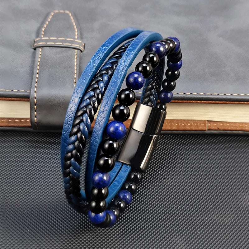 Punk Herren Perlen Armband mit Blauem Lapis Lazuli Multilayer Leder
