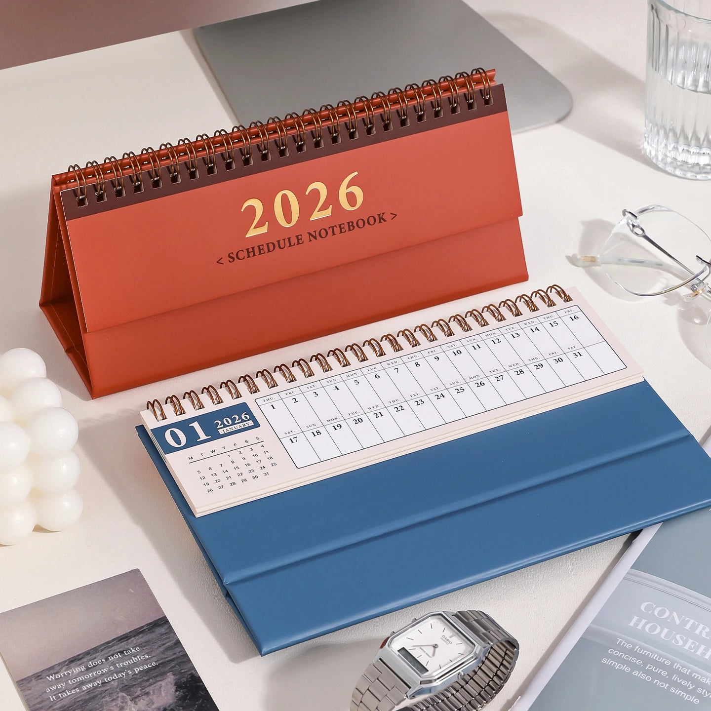 Kawaii 2026 Tisch- - Wandkalender, kompakt 60x210mm, 10/25–12/26, stilvoll organisiert