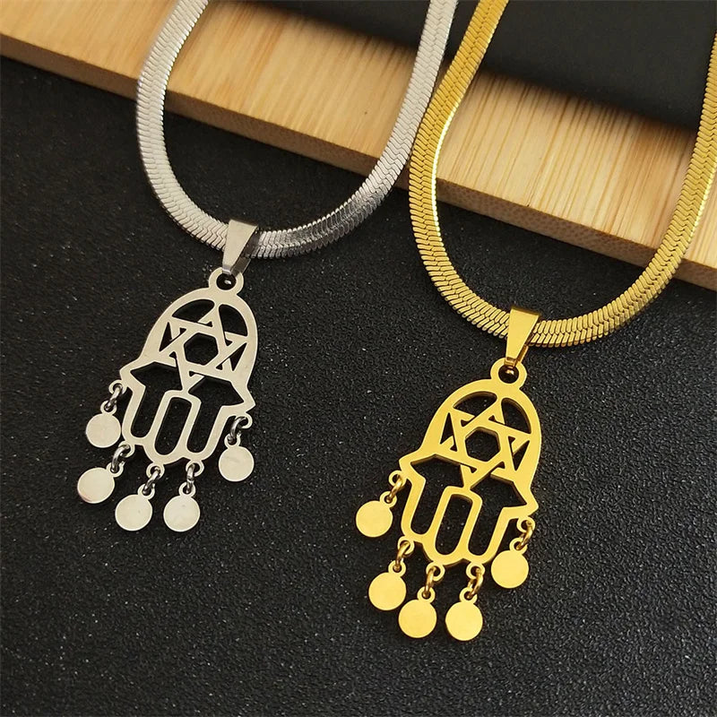 Edelstahl Anhänger Halskette mit Hexagramm und Quaste für Damen Herren