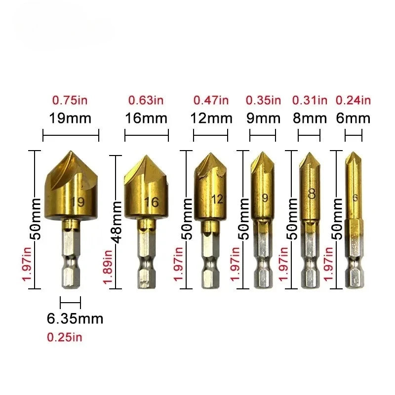 6-teiliges Titanbeschichtetes Senkkopf-Bohrer Set mit sechseckigem Griff, 6-19 mm