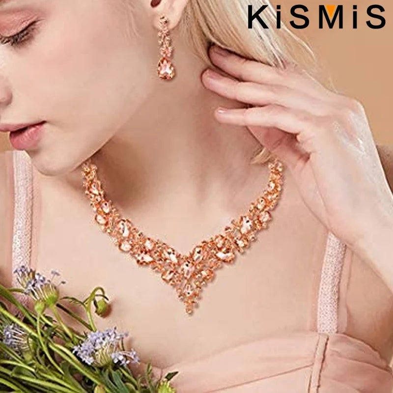 Elegantes Braut Schmuckset mit Kristall Strass Halskette und Ohrringen Tropfenform-Yabubest - Home & More