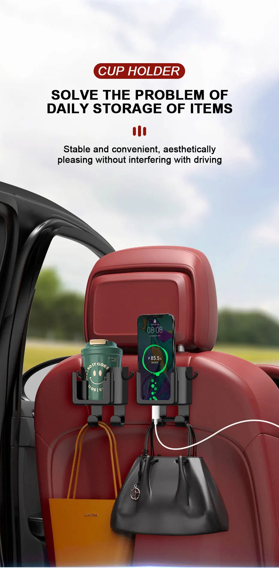 Universal Auto Getränkehalter mit 4 Haken und Telefonhalter