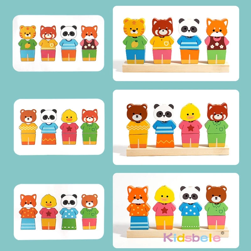 Buntes Montessori Holztier Stapel und Anziehspielzeug für Kinder