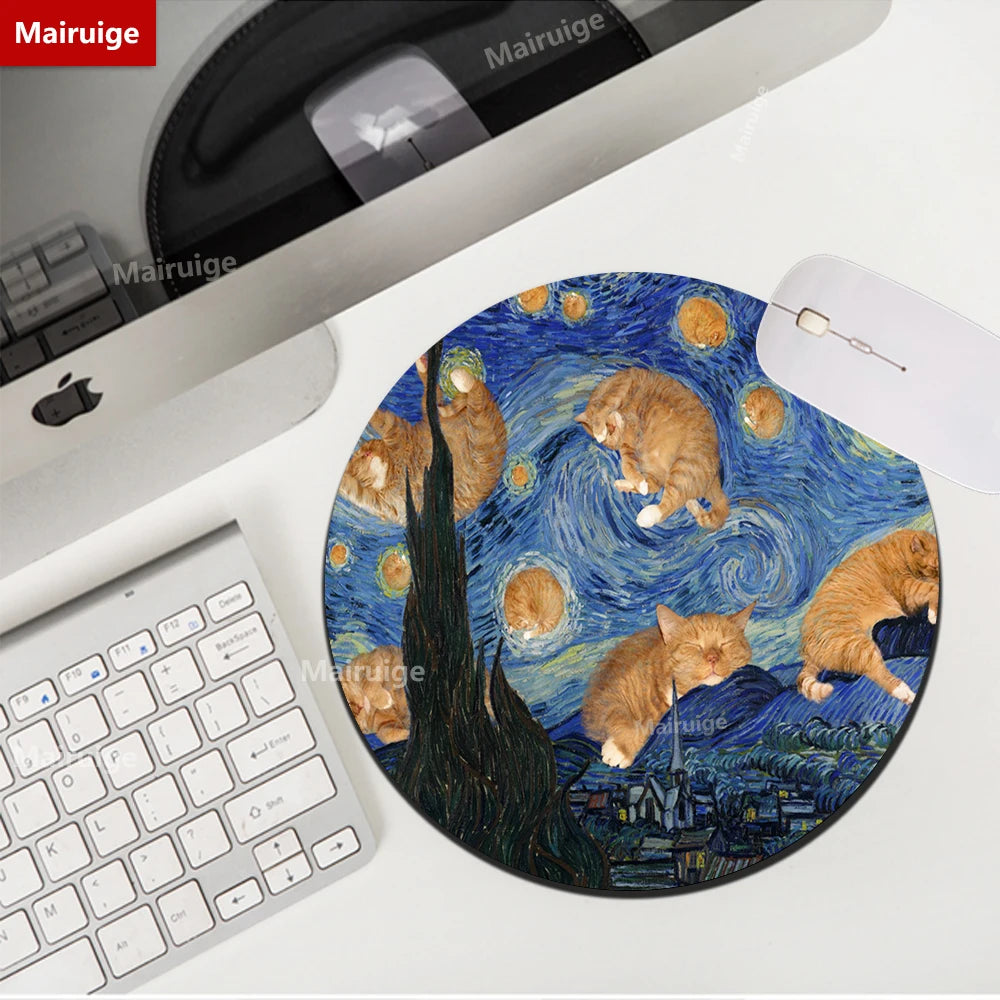 Rundes Mauspad 22cm - Niedliches Katzen Design - Van Gogh Stil für Gamer