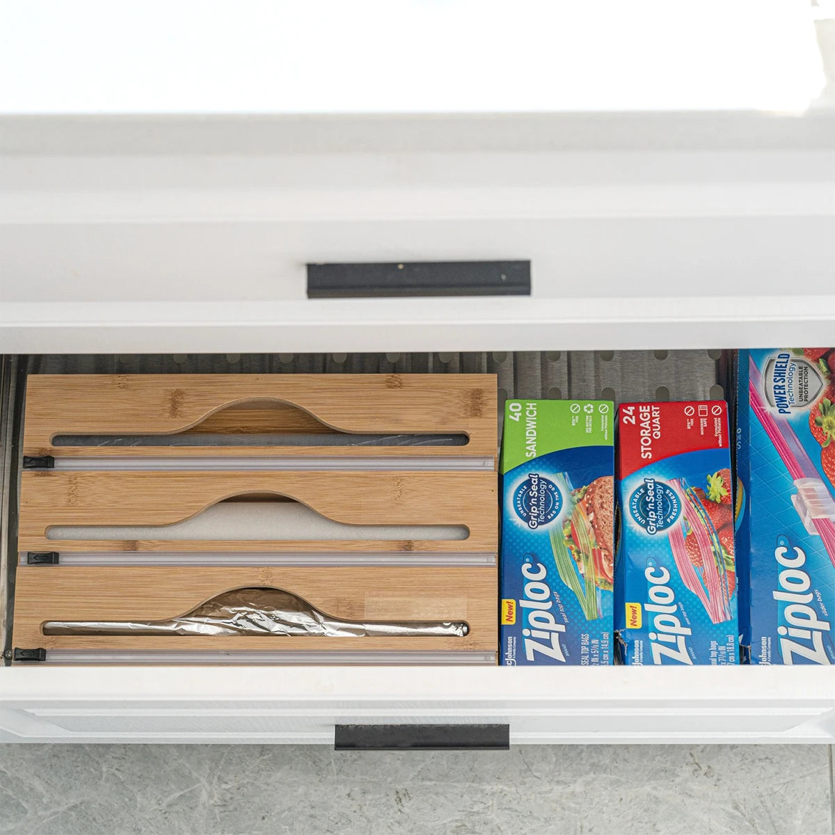 Bambus Küchenwickelspender mit Folie und Schneidebox zur Aufbewahrung