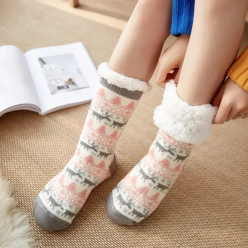 2er Set flauschige Damen Thermo-Socken rutschfest warm Plüsch Weihnachten
