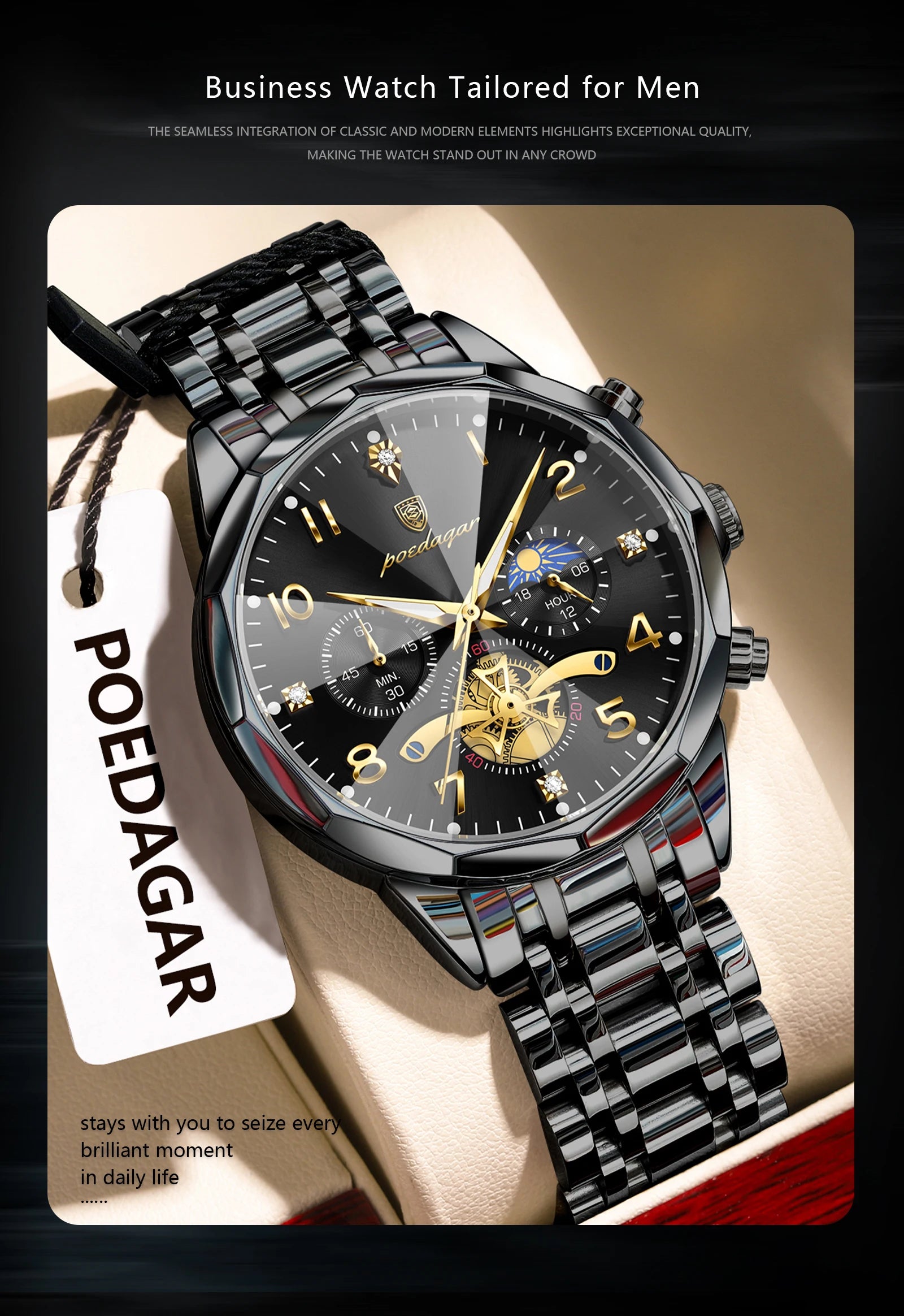 Wasserdichte Edelstahl Herrenuhr mit Chronograph und Leuchtfunktion-Yabubestshop