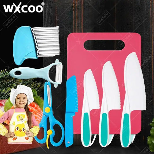 9-teiliges kindersicheres Kochschneider Messer Set mit Schälern und Schneidebrettern