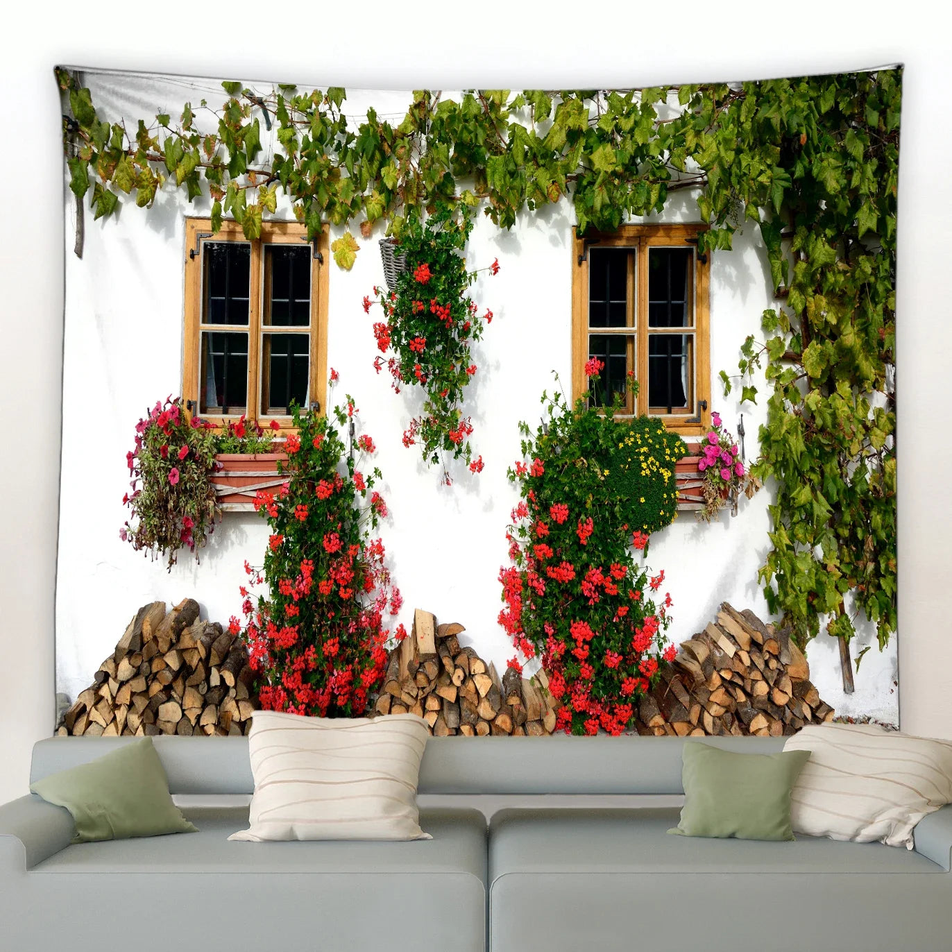 Frühlingshafte Wandtapisserie mit Schmetterlingen und Blumenmotiv