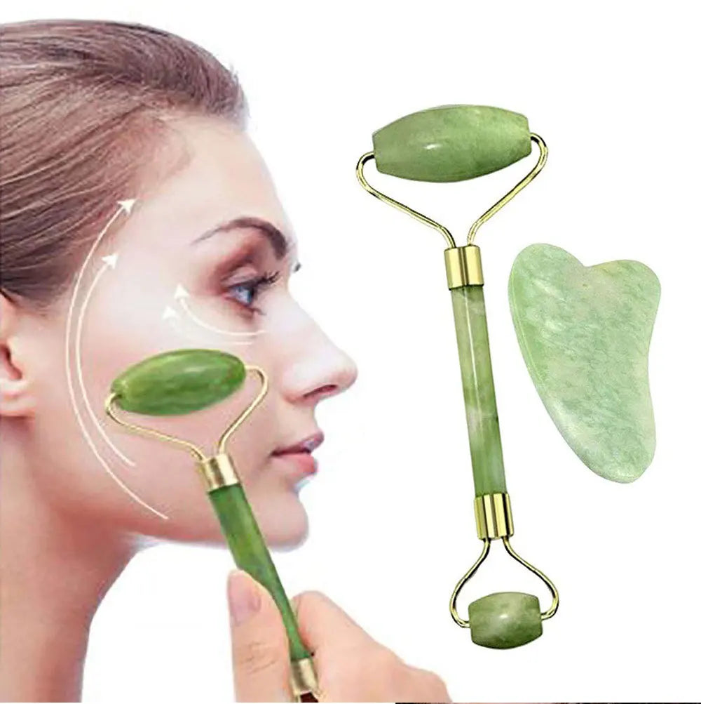 2er Set Gua Sha Gesichtsstein Roller – Jade Massagestein für Hautpflege