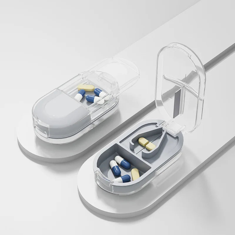 Tragbarer Pillenschneider - Medikamenten Organizer 2-in-1 mit sicherer Aufbewahrung