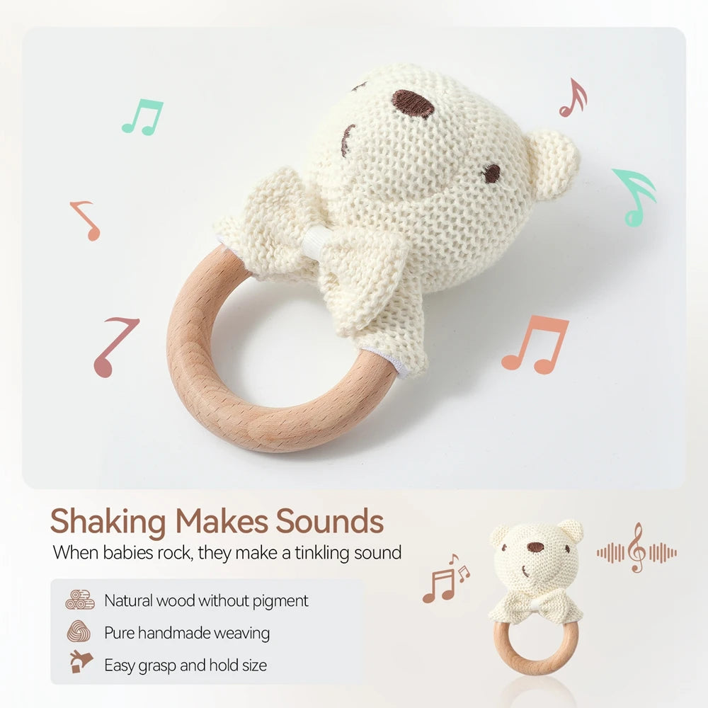 Natürliche Baby Rassel aus Holz mit süßem Bär Motiv-Yabubestshop