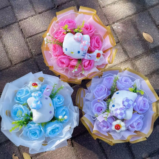 Kawaii Katzenpuppen mit künstlichen Blumen, kreativer Blumenstrauß 30-35cm-Yabubest - Home & More