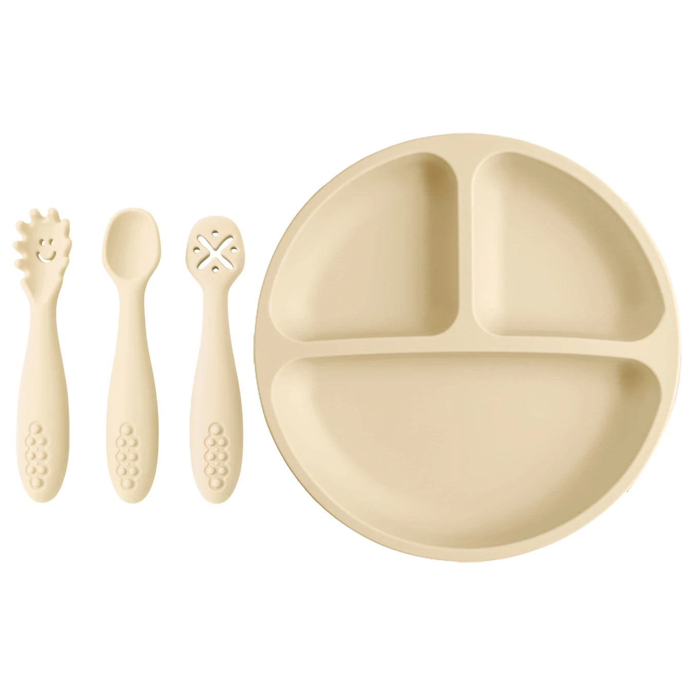 4-teiliges Silikon Baby Fütterungsset BPA-frei mit Saugplatte Löffel Gabel