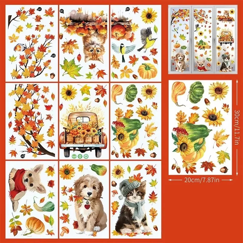 9teiliges Herbst Deko Set Fensteraufkleber Kürbis Ahornblatt Katzen Hunde