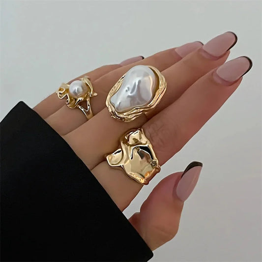 3er Set Goldfarbene Klobige Ringe mit Perlen für Damen Vintage Stil