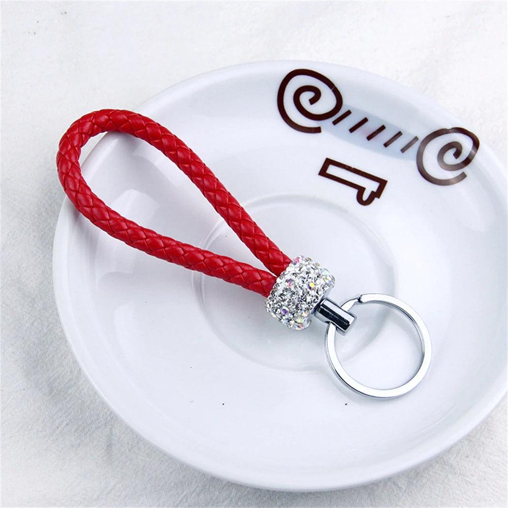 Stilvoller PU-Leder Schlüsselbund mit Glitter - Strass, geflochtenes Seil, Unisex