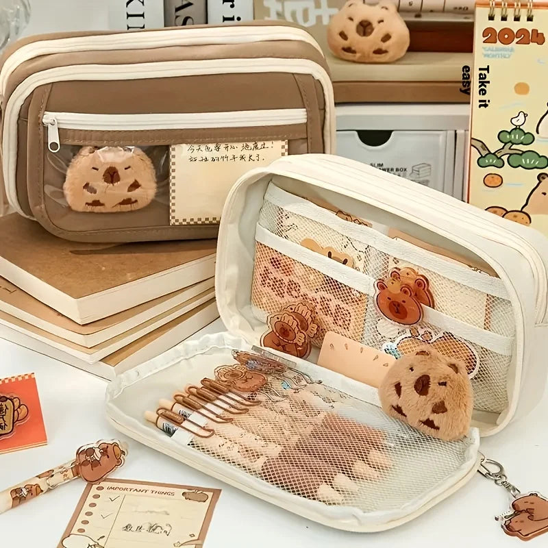 Große Kapazität Bleistifttasche mit Capybara Cartoon und Zubehör