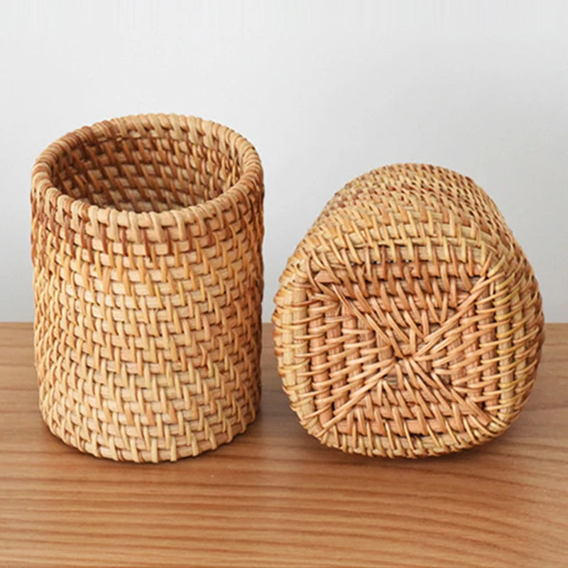 Handgefertigter Stifthalter aus gewebtem Holz Rattan Büro Schreibtisch