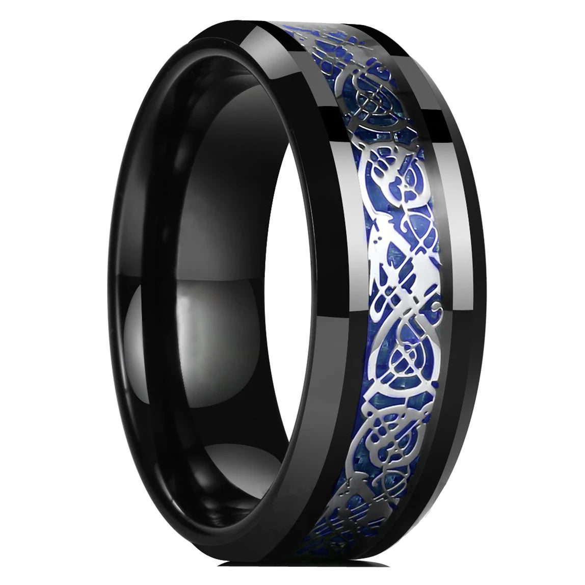 Eleganter Edelstahlring mit keltischem Drachen und Carbon Inlay