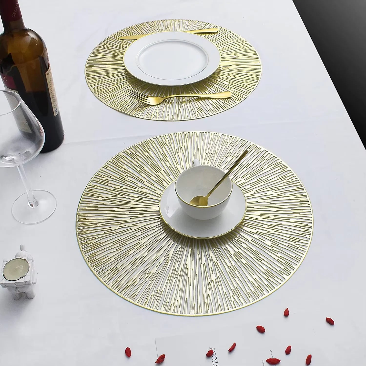 6er Set Runde Goldene Tischsets aus Kunststoff Rutschfest Abwischbar