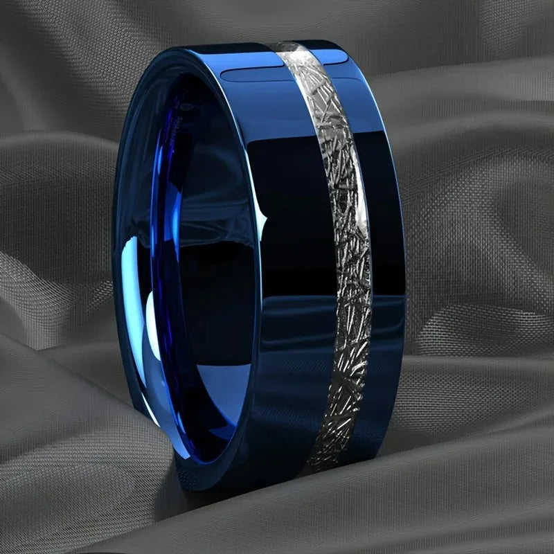 8mm Herren Edelstahl Ring Blau Carbon Faser Meteorit Hochzeit Geschenk