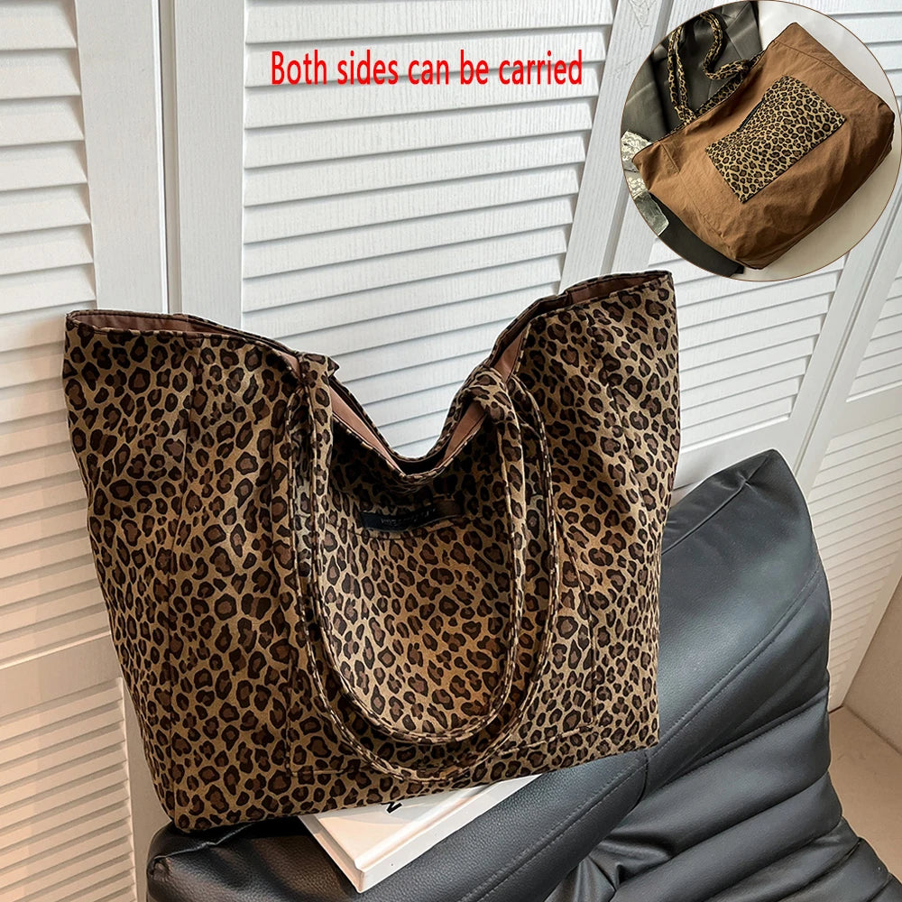 Damen Einkaufstasche doppelseitig mit großem Fassungsvermögen und Leopardmuster