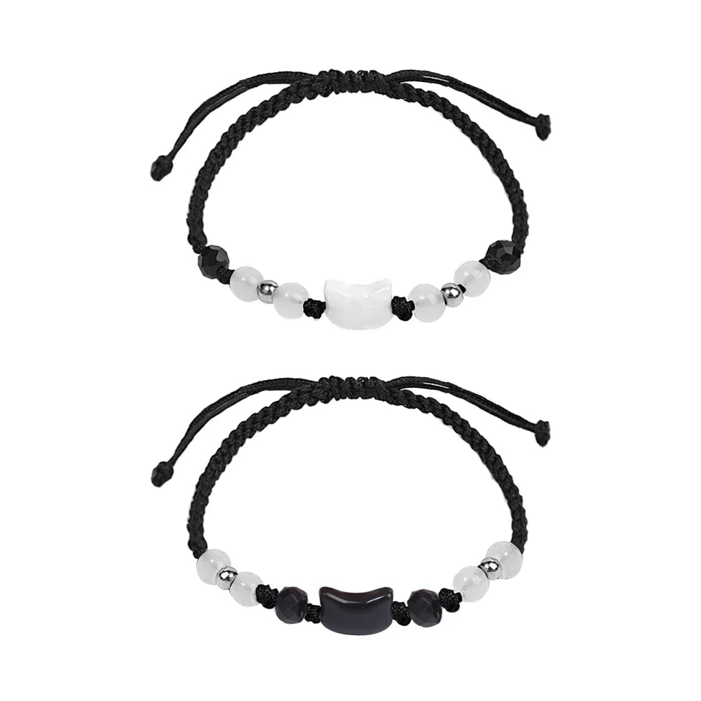 2er Set Mondstein Obsidian Armbänder mit schwarzer und weißer Katzenfigur