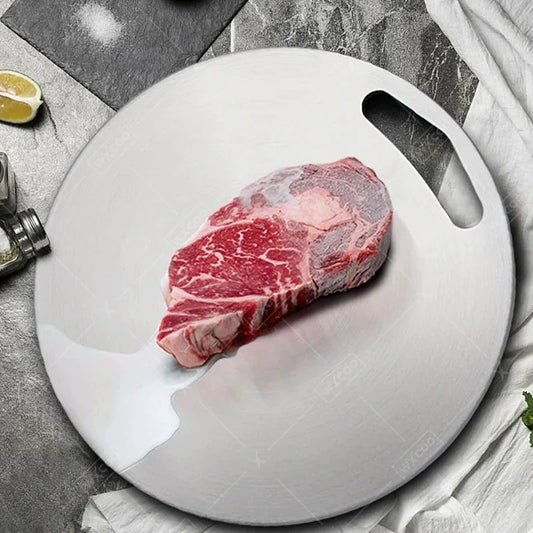 Doppelseitiges rundes Edelstahl Schneidebrett für Gemüse Obst und Fleisch