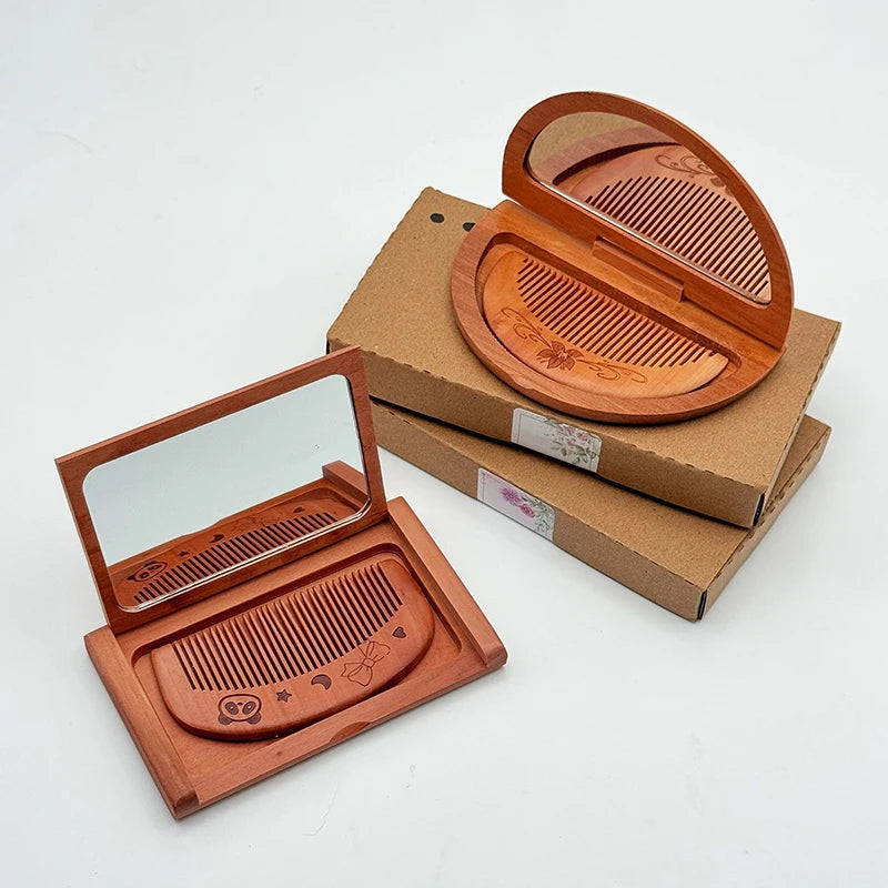 Vintage 2-in-1 Holz Kammspiegel Set für Damen Kompakt