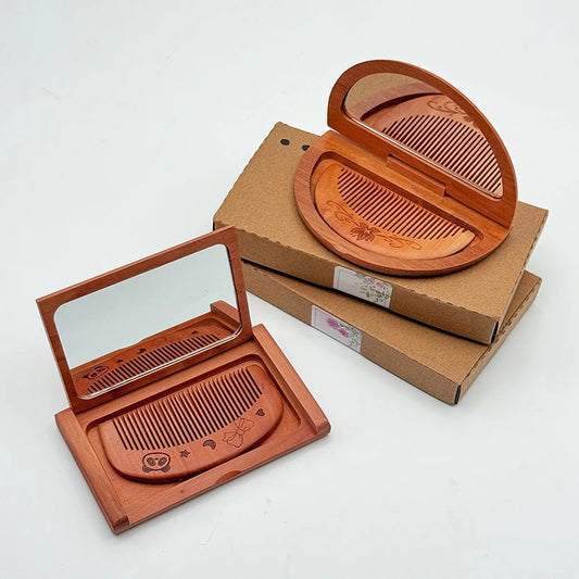 Vintage 2-in-1 Holz Kammspiegel Set für Damen Kompakt