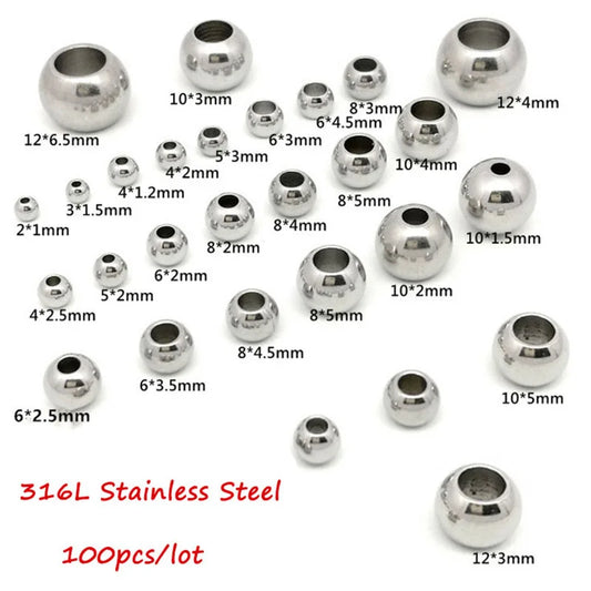 100x Edelstahl Großloch Spacer Perlen für DIY Schmuck 2-12mm