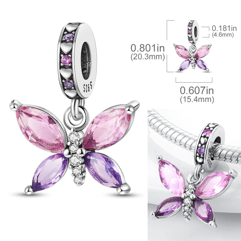 925 Sterling Silber Charm mit rosa Schmetterling - leuchtenden Glühwürmchen