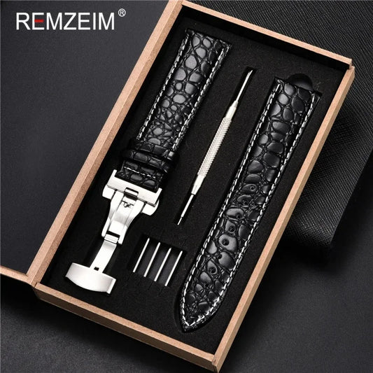 Geprägtes Leder Uhrenarmband 18-24mm mit Schmetterlingsverschluss