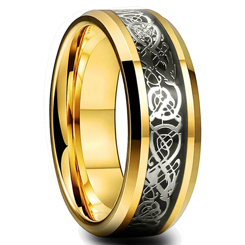 Eleganter Edelstahlring mit keltischem Drachen und Carbon Inlay
