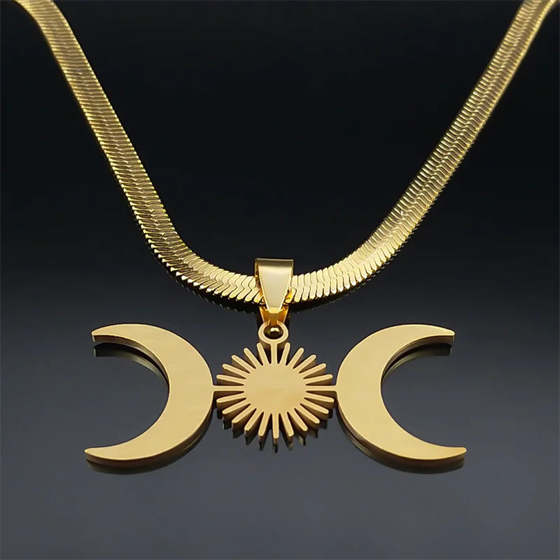 Unisex Edelstahl Halskette Dreifache Mondgöttin Gold Farbe Verstellbar