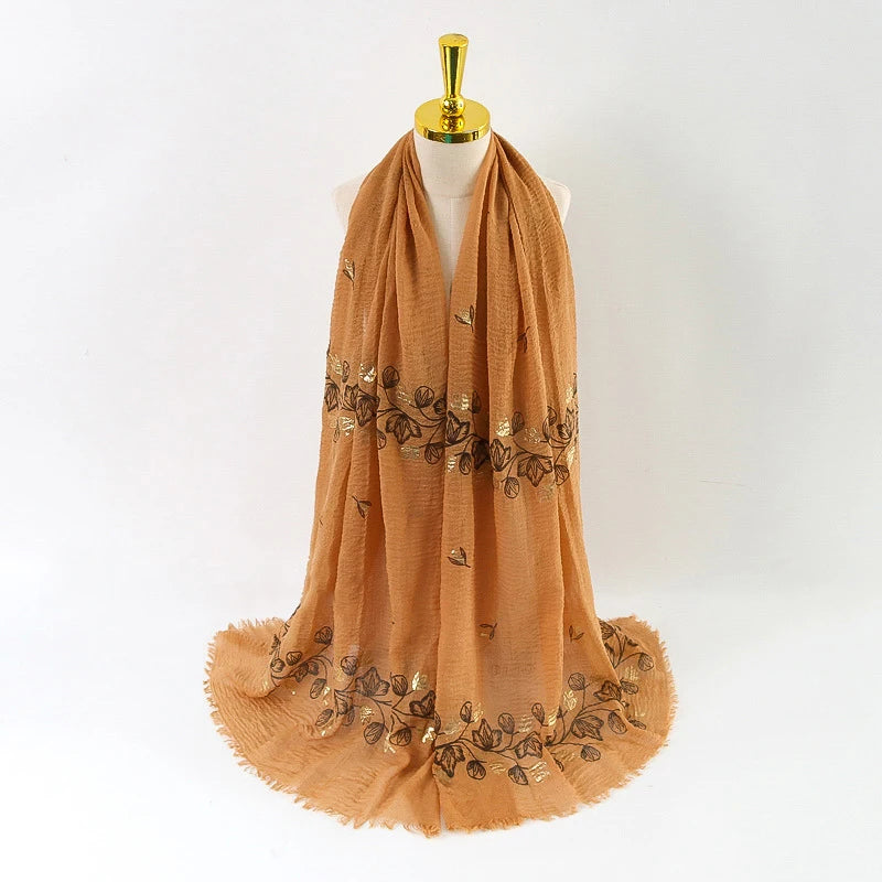 Damen Baumwoll-Leinen Schal Gold Bedruckt Quadratisch Kleine Blumenmuster