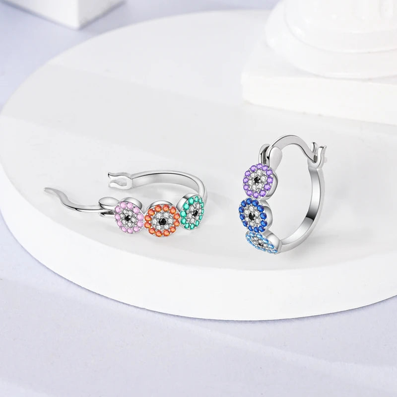 925er Sterlingsilber Creolen mit bunten Zirkon Blumen und Sternen Damenohrringe