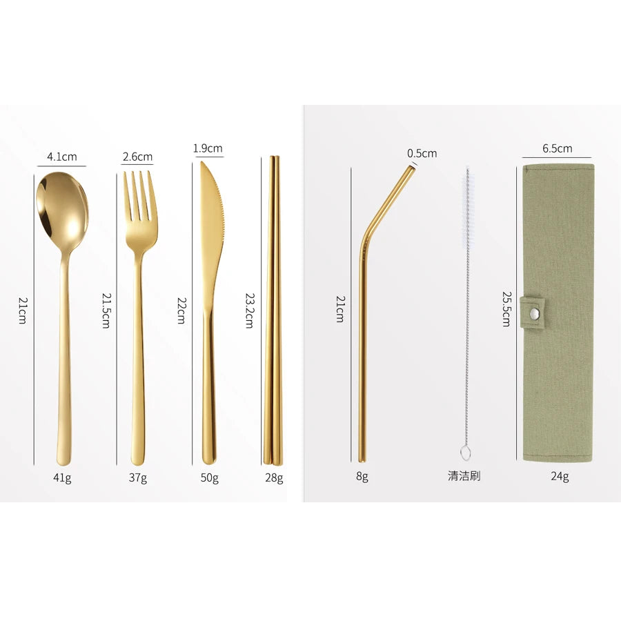 Nachhaltiges 6-teiliges Edelstahl-Besteckset mit Tasche im koreanischen Stil