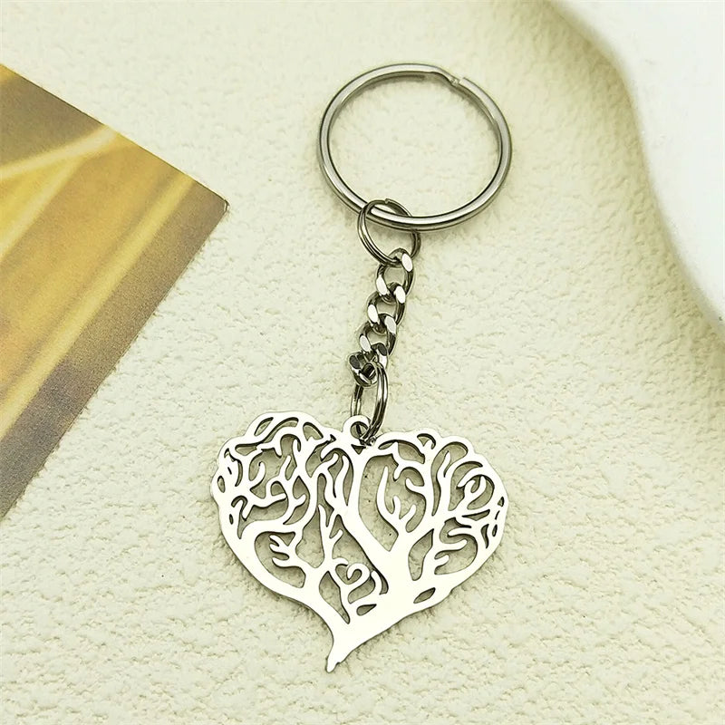 Herzförmiger Edelstahl Schlüsselanhänger Baum des Lebens Gold Silber